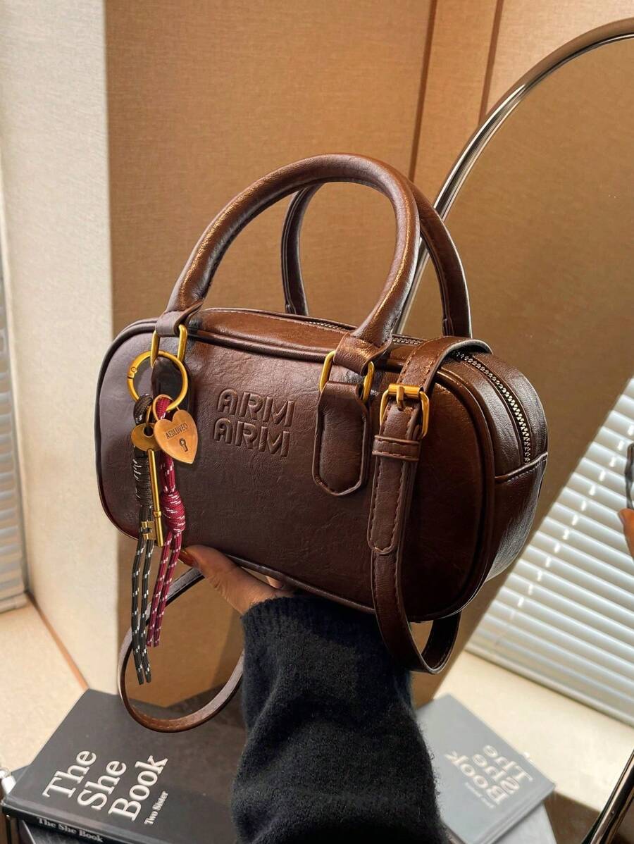 Doll Decor Crossbody Shoulder Bag, Large Capacity Soft Leather Boston Tote Handbag, Suitable For Commuting In All Seasons, Autumn/Winter New Style - Coffee - View 1