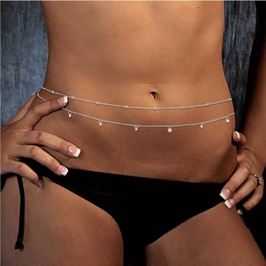 Multi-Layer Beaded Sexy Silver Gold Waist Chain Beads Belly Chain Crystal Stomach Chain Rhinestone Adjustable Bikini Waist Chain Belt Belly Jewelry Summer Beach Vacation Party Accessories Ladies And Girls