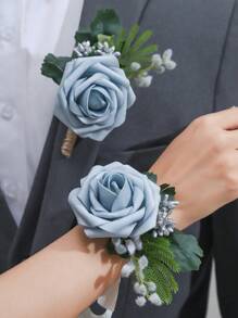 2 件玫瑰花配人造绿植胸花和腕带套装，浪漫森系风格，适合婚礼、正式活动、派对和典礼 - A - 查看 1