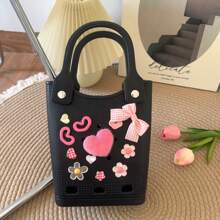 女士 EVA 手提包，时尚便携夏季防水旅行收纳包，方形黑色 DIY 穿孔装饰手提包，适合度假、游泳、户外海滩 - 黑色 - 查看 2