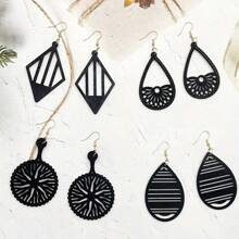 4 对波西米亚风格镂空木吊坠耳环，适合女士日常佩戴 - 黑色 - 查看 5