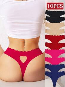 10pcs Seamless Heart Hollow-Out Thong Panties For Women, Comfortable & Fashionable Underwear
