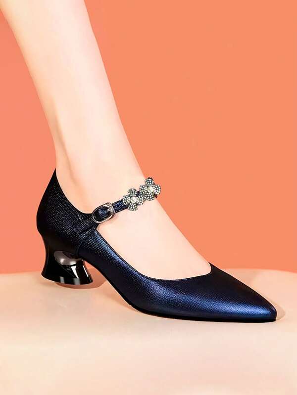 Chunky Heeled Bow Decor Pointed Toe Mid-Heel Slip-On Shoes
