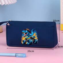 Niebieski piórnik z motywem płomienia dinozaura, mała torba do przechowywania - idealny dla uczniów, do biura, w podróży, do kosmetyków i artykułów piśmienniczych