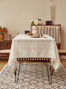 1 件美式复古简约涤纶亚麻流苏桌布，耐热矩形桌布适用于厨房、餐桌、咖啡桌、电视柜、家庭聚会、户外野餐