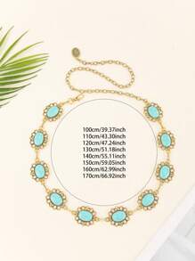 新款绿松石椭圆腰链，个性化创意花卉和风景印花流苏优雅锌合金腰链，适合所有季节 - 金色 - 查看 7