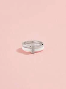 1pc Stainless Steel & Ceramic Cubic Zirconia Ring, Women's Jewelry, Wedding Party & Date Gift - Silver - View 3