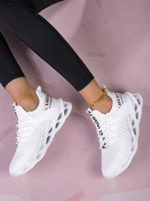 Women's Graphic Letter Pattern Athletic Sneakers, Shock Absorbing Design, Lightweight, Anti-Slip, Lace-Up Casual Running Shoes Suitable For Daily Fitness, Comfortable Mesh Leisure Slip-On
