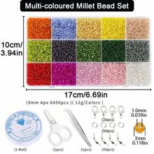 Juego de 2/3/4mm 15 colores de cuentas de cristal pequeñas, 12g por compartimento, cuentas de cristal sueltas para la fabricación artesanal de joyas DIY, pulseras, collares, aretes, anillos + juego de 6 piezas de herramientas