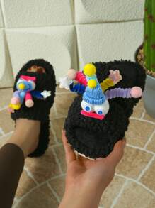 Chinelos Domésticos Femininos de Bottom Macio de EVA com Decoração de Desenho Animado, Chinelos Domésticos de Chão de Madeira Silenciosos, Chinelos Domésticos de Seda Preta de Bottom Plano, Chinelos Domésticos de Quarto Macios e Fofos, Chinelos Domésticos Fofos de Bico Aberto