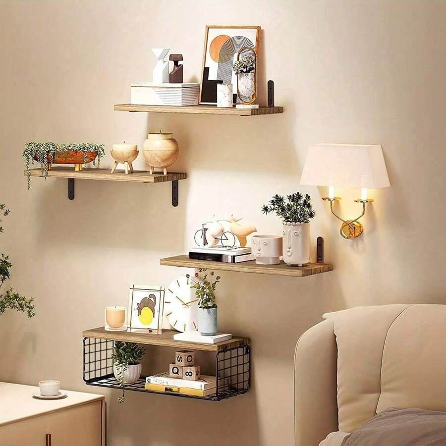 1 Set Rustic Solid Pine Wood Floating Wall Shelf With Toilet Paper Holder Basket, Wall Mounted Bath Storage Rack