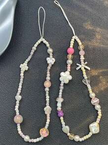Colorful Beaded Lanyard With Heart & Flower Charm For Women, Short Wrist Phone Strap