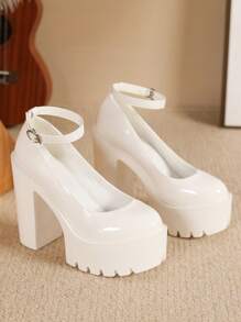 White High Heel Shoes For Women, Fashion Chunky Heel Pumps With Waterproof Platform, Sexy Pearl Shiny Extra High Heels, European & American Style Spring/Summer