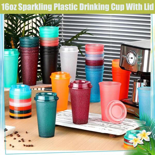 1/10 Pcs Reusable Coffee Cups With Lids 16 Oz Travel Hot Cups Microwavable Plastic Tumblers Coffee Mugs For Hot And Cold Drinks (Glitter Colors)