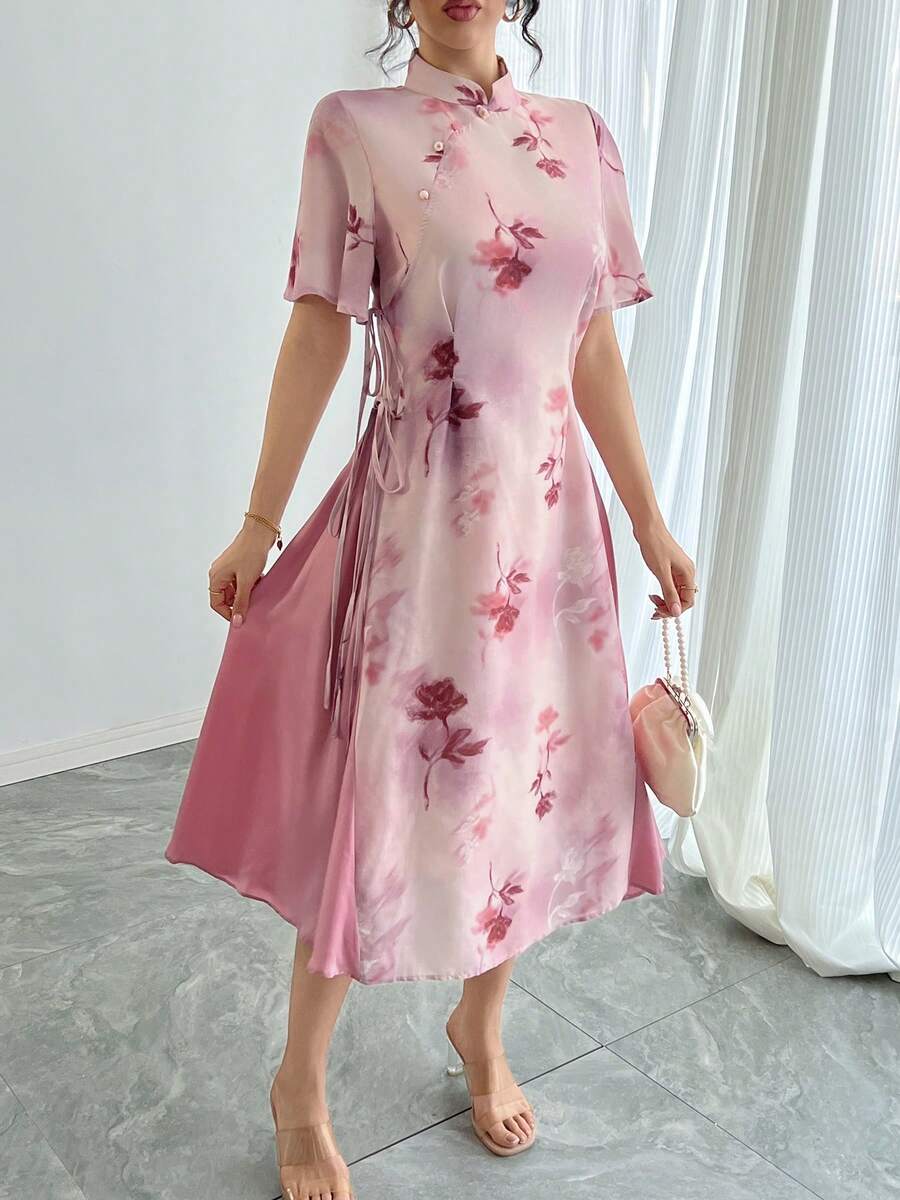 女士旗袍式立领系带短袖印花连衣裙，轻盈飘逸的夏季旗袍风格连衣裙，优雅的中东和阿拉伯女士服饰，度假正式粉色系服装 - 粉色 - 查看 1