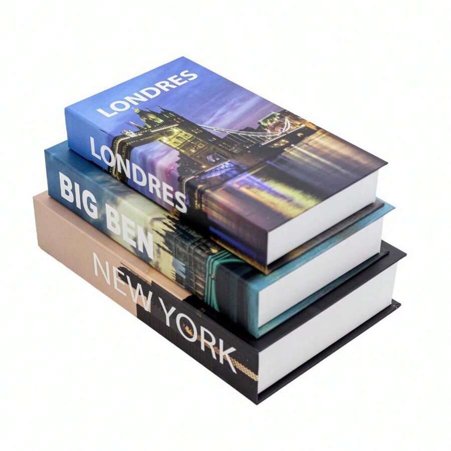 Kit 3 Livros Fake Livro de Mesa Caixa Organizadora Porta Objeto Decorativo - New York Bege - Visão 1
