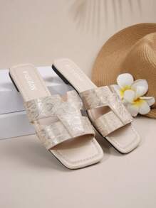 Women's Snake Skin Print Metallic Strap Flat Sandals