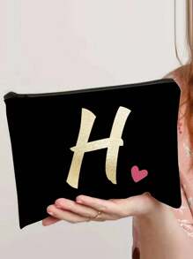 A-Z Letter Print Heart Graphic Cosmetic Bag, Black Mini Size, Gold Tone Lettering, Minimalist Style, Suitable For Logo Customization - Black - View 27