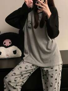 Sanrio Women's Cute Cartoon Pattern Fleece Warm Hello Kitty Pajama Set, Including Long Sleeve Crew Neck Top And Pants, Comfortable Loose Fit, Suitable For Spring, Autumn And Winter, Fall Clothes