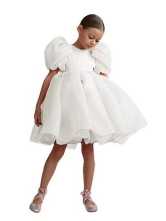Young Girl Crew Neck Short Puff Sleeve Glamorous Princess Dress