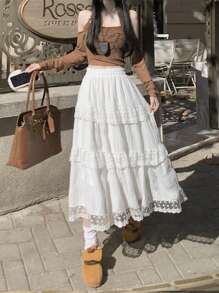 White Lace Trim Cake Skirt For Women, High Waist Slimming A-Line Mid-Length Skirt, Spring 2026 New Arrival