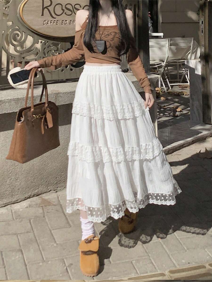 White Lace Trim Cake Skirt For Women, High Waist Slimming A-Line Mid-Length Skirt, Spring 2026 New Arrival Casual