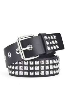 1pc Punk Style Rivet Buckle Metal Pyramid Decorated Belt, Fashionable & Versatile Summer, School Fall, Autumn, Halloween - Black - View 9