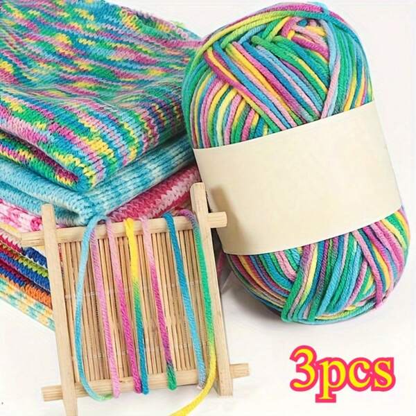 3 peças, 5,3 oz Pacote de fios acrílicos macios, seção de cores Fios tingidos Fios gradientes coloridos para materiais de tricô DIY feitos à mão Suéteres quentes de malha Chapéus Cachecóis Jaquetas Xales Casacos e outras roupas Bolas de fios