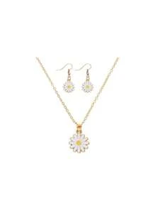 Set de 3 piezas: Collar con colgante de flor de margarita chapada en metal, pendientes minimalistas, conjunto de joyería de moda para niñas y amigas