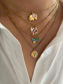 1 件春季新款时尚女士不锈钢彩色吊坠项链，大象、鱼、蝴蝶、圆形吊坠设计，手工珐琅釉制作，时尚简约奢华日常百搭多层女士项链 - 金色 - 查看 1