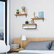 1 Set Wall-Mounted Floating Shelves With Storage Basket, Solid Pine Wood Kitchen Organizer Rack - Wood Material, Wall-Mounted Installation