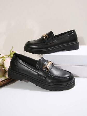 Spring & Autumn Thick Sole Slip-On Loafers, Comfortable Chunky Heel Casual Shoes For Teenagers, College Style, Versatile, Suitable For Students