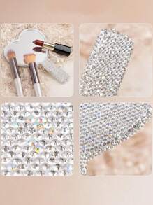 1pc Rhinestone Series, Diamond-Studded Heart-Shaped/Round/Square Mirror, Portable Handle Mirror, Makeup Handheld Mirror, Cute Small Mirror, Hand-Held Mirror
