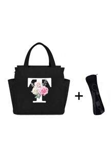 White Letters A~Z Printed With Flowers Lunch Bag For Women Men,With A Black Cutlery Storage Bag, Leakproof Insulated Soft Large Lunch Cooler Bag - Reusable Lunch Bag ,Solid Color Tableware Storage , Leak-Proof Portable Fabric Tableware Bag