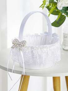 1PC Wedding Flower Girl Basket Handheld Small Bow Flower Basket Lace Decorative Small Basket - Multicolor - View 11