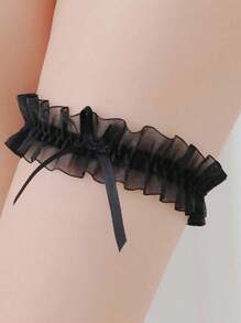 Liguero de encaje con moño y ajuste de cinta en la pierna, accesorios de lencería sexy para la novia de boda - Negro - Ver 2