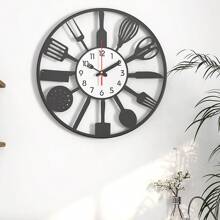 Creative Kitchen Utensil Silhouette Decorative Wall Clock, Unique Knife & Fork Pointer Iron Art Fashion Timer, Silent