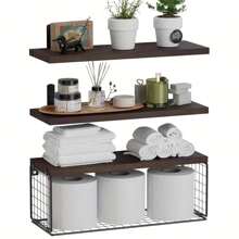 1 Set Wall-Mounted Floating Shelves With Storage Basket, Solid Pine Wood Kitchen Organizer Rack - Wood Material, Wall-Mounted Installation