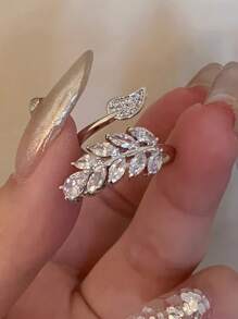 1pc Wheat Ear & Leaf Open Ring, Luxury Cubic Zirconia Copper Ring In Gold/Silver Color, Suitable For Women Everyday Wear, Applicable For Anniversary, Party, Gathering And Special Occasions - Multicolor - View 6