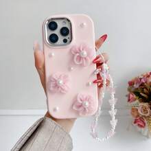 1pc Flower Pearl Decor Phone Case With Cute Butterfly Wrist Strap, Compatible With IPhone 16 Pro Max/Galaxy S23 FE/Redmi Note 14/Realme 11 5G/Infinix Smart 6 Waterproof Shockproof Anti-Fall Scratch Resistant - Pink - View 4