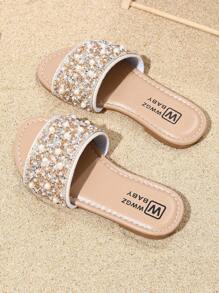 Summer Kids' Fashion Slide Sandals, Girls' Pearl Decor Princess Shoes, Flat Casual Beach Slippers, Suitable For Everyday Outing And Outdoor Vacation