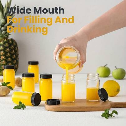 6 Stück wiederverwendbare 60ml Glas Schnapsgläser - isoliert, klare Mini-Gläser mit schwarzen Deckeln - maschinenwaschbar, vielseitige Reiseaccessoires für Ingwer, Wellness-Shots, Saft, Proben