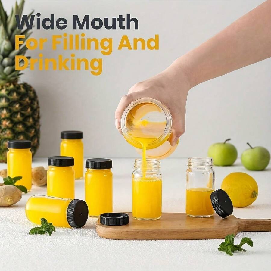 6pcs Reusable 2 Oz Glass Shot Bottles - Insulated, Clear Mini Jars With Black Lids - Machine Washable, Multipurpose Travel Essentials For Ginger, Wellness Shots, Juice, Samples,