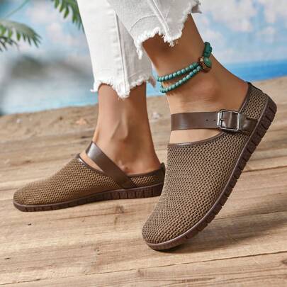 New Summer Net Mesh Closed Toe Strap Buckle Multi-Function Half Slipper, Vintage Hollow Out Breathable Soft Bottom Outdoor Sandals