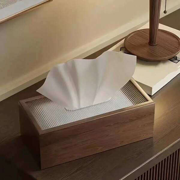 Caixa de lenços de madeira estilo nórdico com capa de acrílico, padrão listrado, porta-guardanapos para casa e restaurante, organizador de mesa