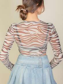Zebra Print Sexy Sheer Mesh Top - USA - Print 314 Brown - View 3