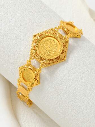 1pc Arabic Style Elegant Golden Hollow Line Relief Retro Pattern 24K Gold Plated Copper Women Chain Bracelet, Suitable For Daily Wear, Festival Celebration, Gift