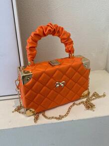 1pc New Solid Color PU Leather Quilted Diamond Small Box Bag, Bow Decor, Pleated Cloud Design Top Handle Hard Shell Box Bag, Metal Chain Shoulder Strap, Daily Use Women Gift Small Square Bag Phone Pouch - Burnt Orange - View 6