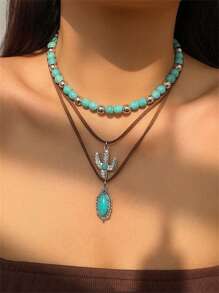 1pc Retro Faux Turquoise Ox Head Beaded Necklace Set, Boho Style Cactus Pendant Necklace - Multicolor - View 5