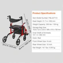 2 In 1 /3 Wheels Rollator Walker & Transport Chair For Seniors, Folding Rolling Walker Wheelchair Combo & Footrests, Lightweight Aluminum Mobility Walker With Adjustable Handle, All Terrain Wheels, 260/300LBS - 2-in-1 Red - 查看 7